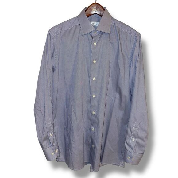 Eton Contemporary Blue Bengal Striped Twill Semi Spread Dress Shirt XL 17 - Picture 1 of 9